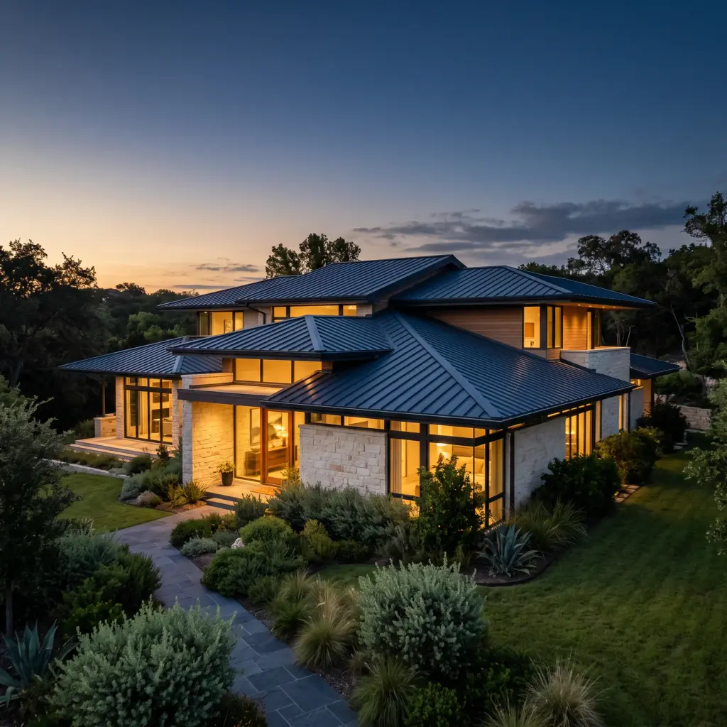 Aerial view of a multi-level standing-seam metal roof at dusk