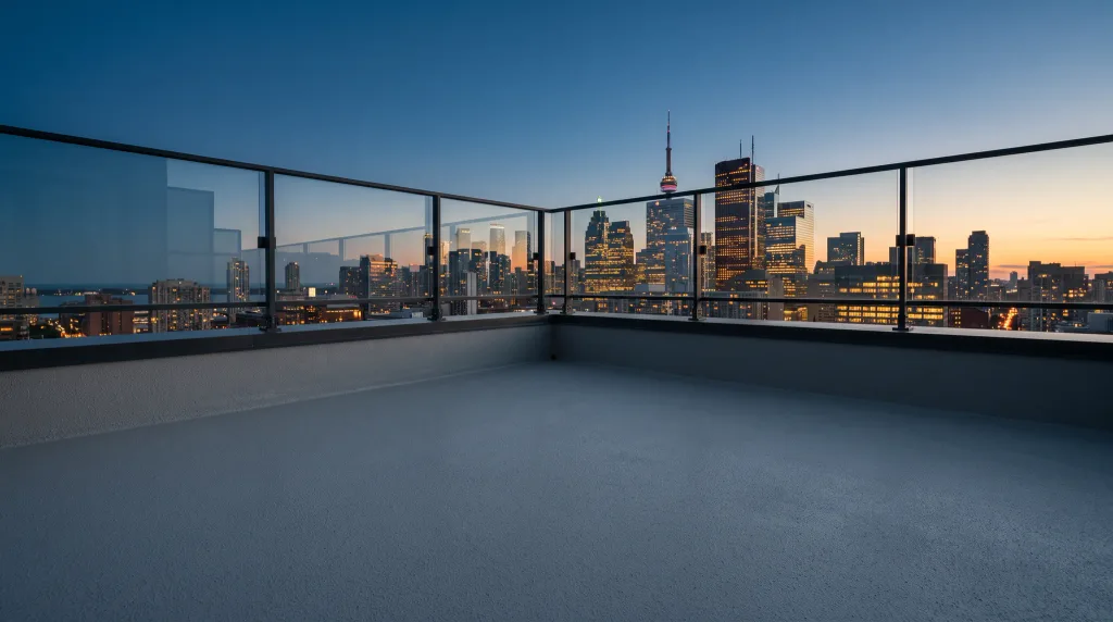 Coated condominium terrace deck above the Toronto skyline at dusk