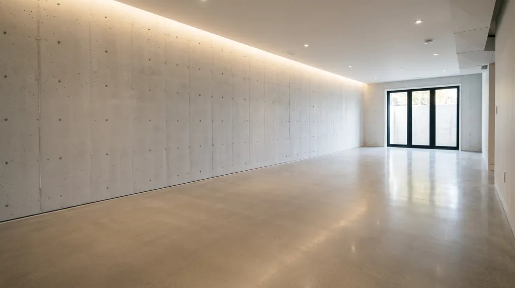 Finished lower level with a dry board-formed concrete wall and a polished floor