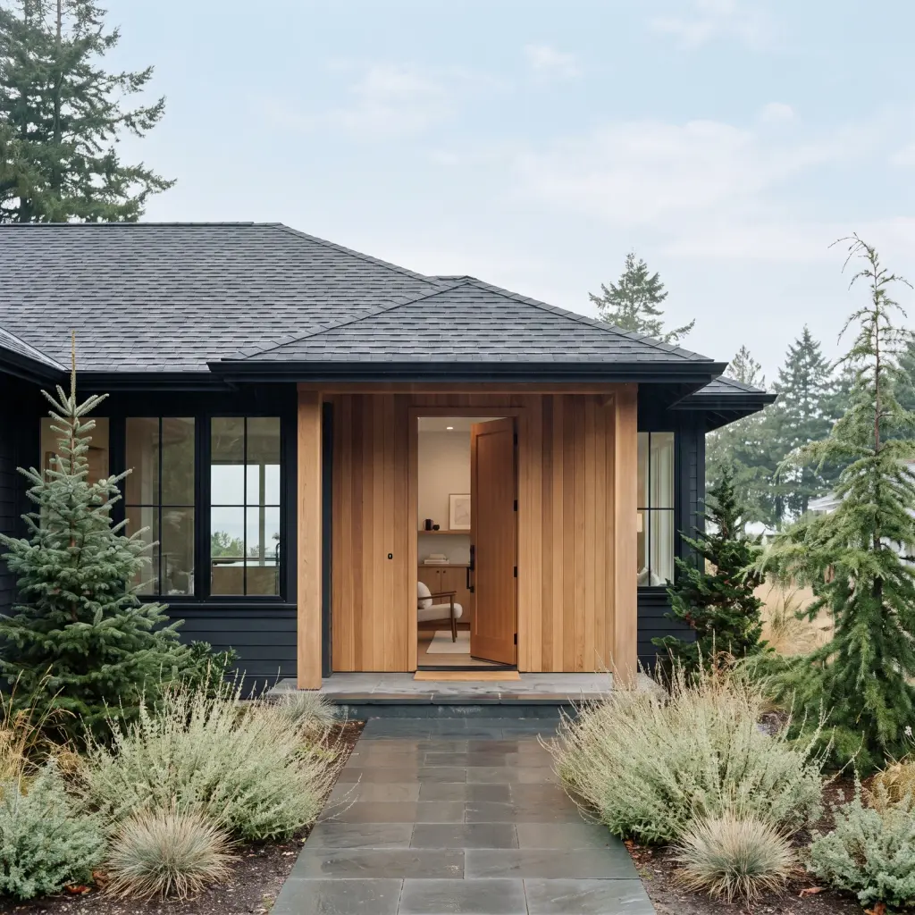Single-storey home with a black asphalt-shingle hip roof and cedar entryway