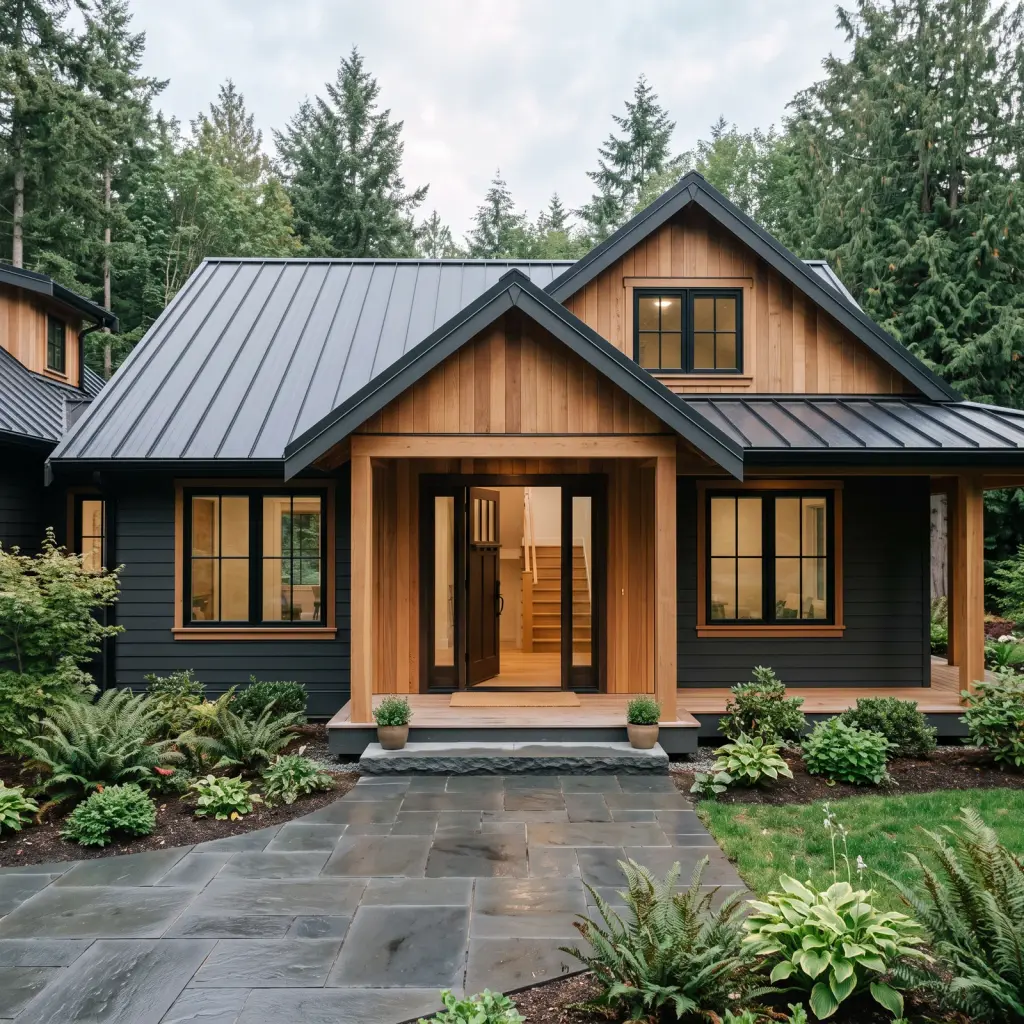 Dark-clad house with cedar gable detailing under a standing-seam metal roof