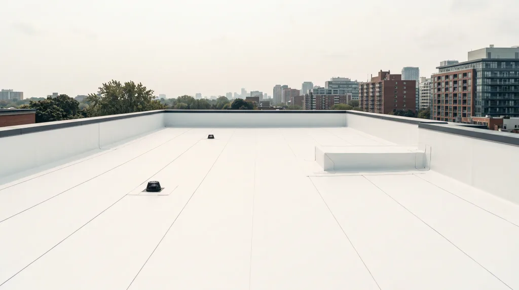 Commercial white membrane roof running out to the parapet above a midtown block