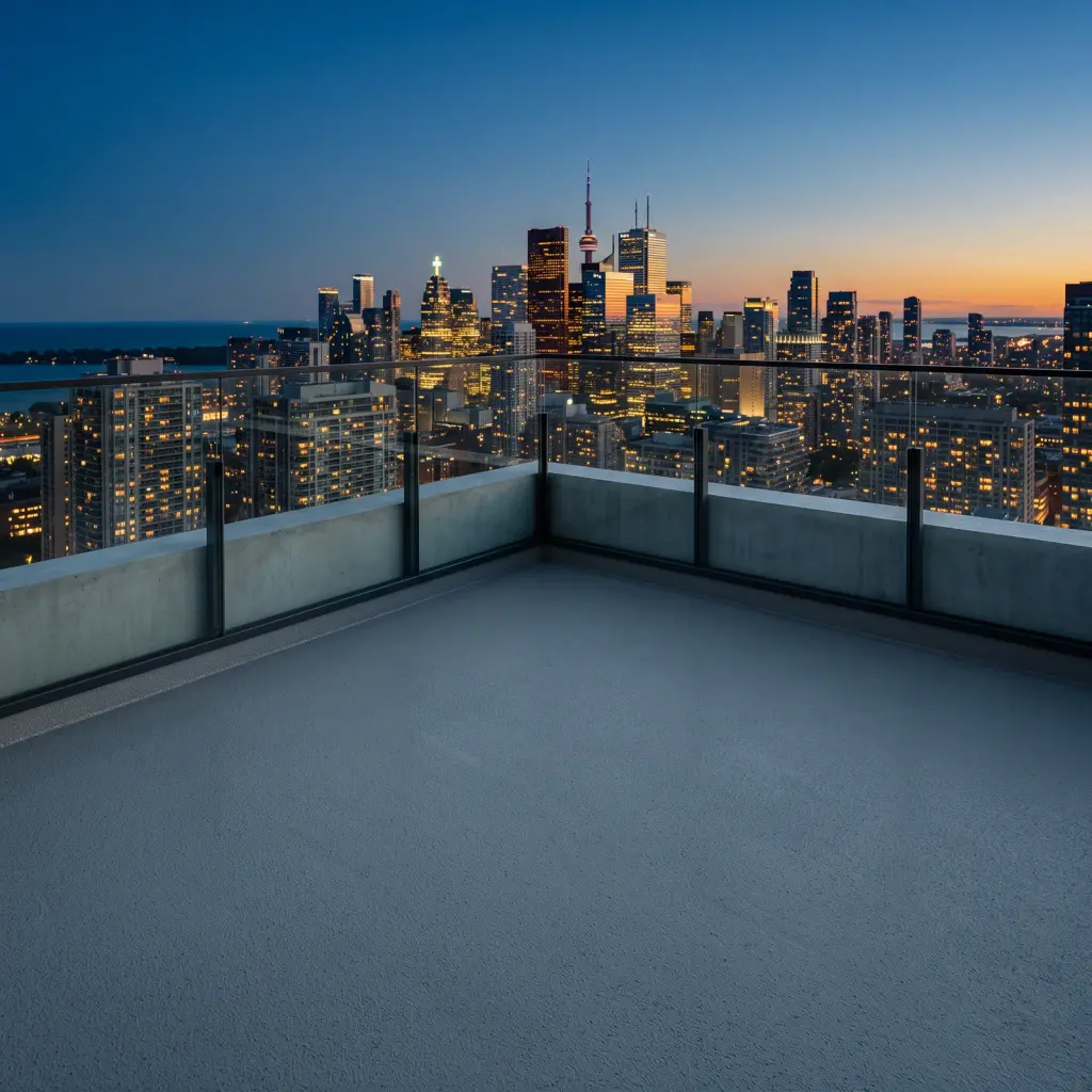 High-rise terrace with a coated deck above the city skyline at blue hour