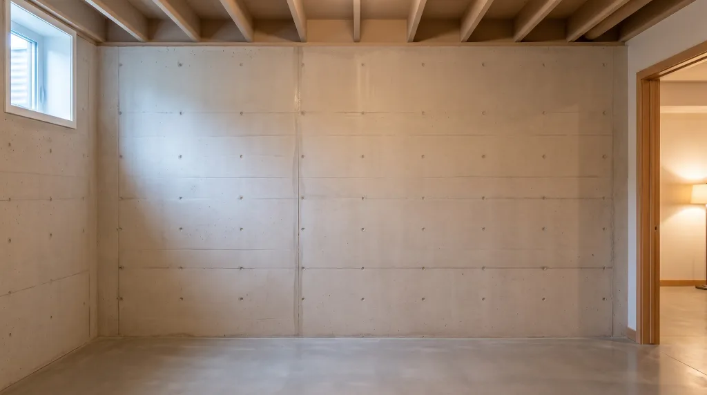 Sealed poured-concrete foundation wall in an unfinished basement below exposed joists