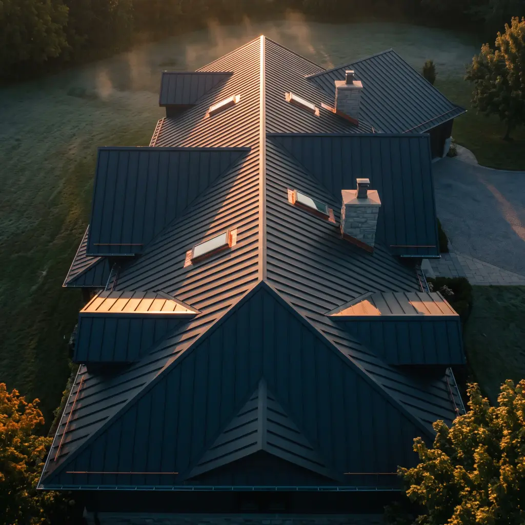 Aerial view of a standing-seam metal roof caught in low raking light at dawn