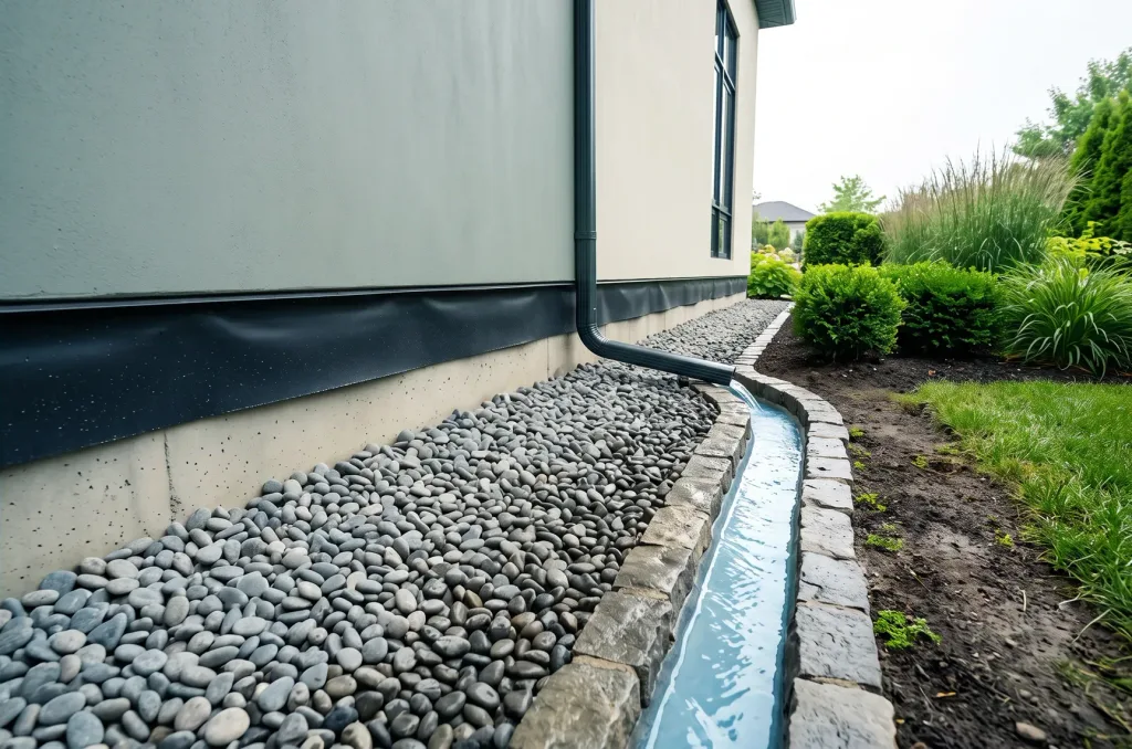 Damp-proofed foundation wall above a river-rock bed and a stone-edged drainage swale