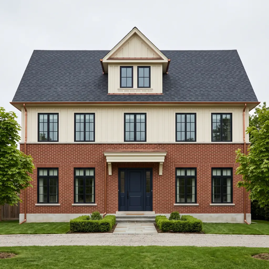 Flat frontal elevation of a brick and board-and-batten home under overcast light
