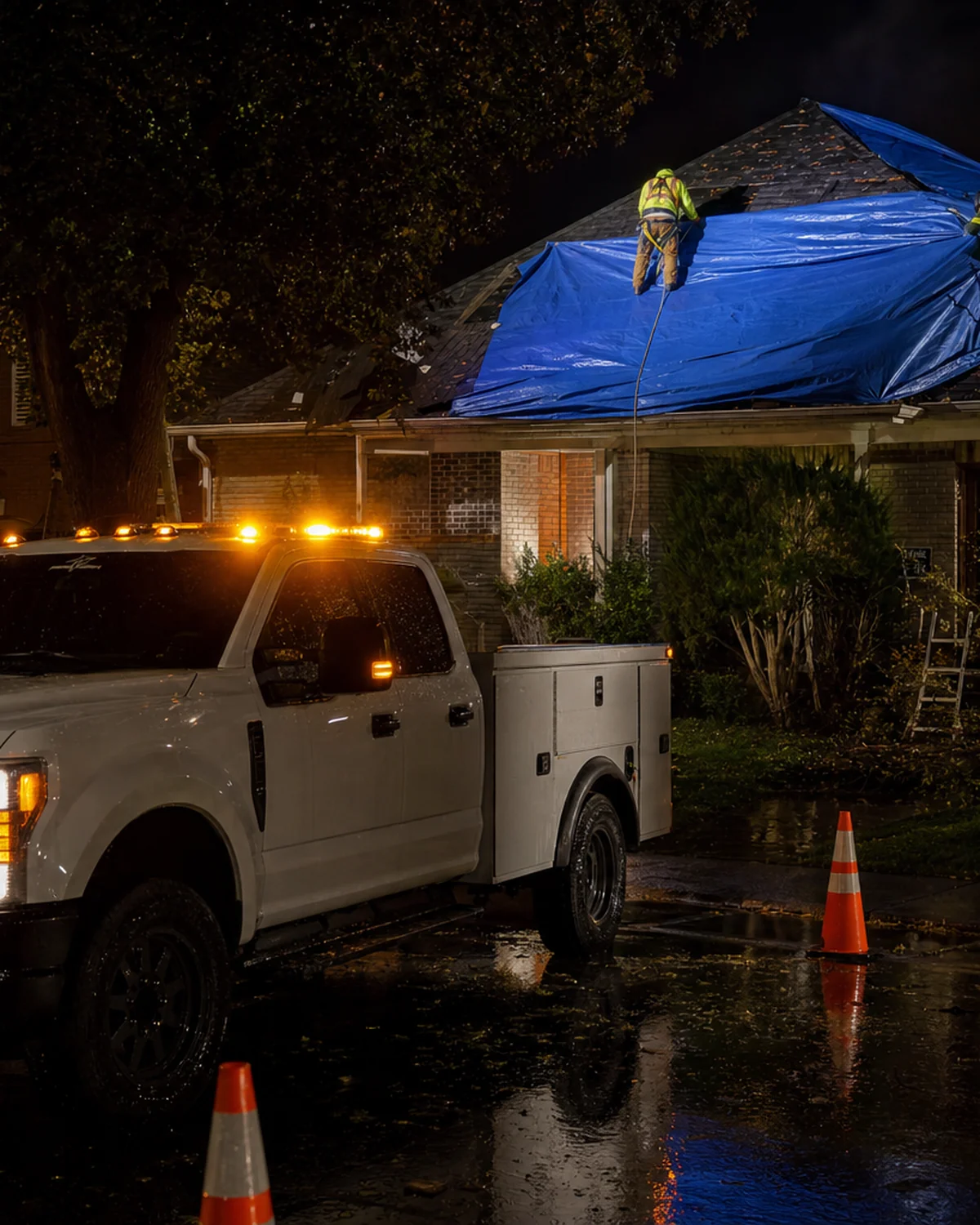 Emergency crew securing a blue tarp over storm-damaged roof at night