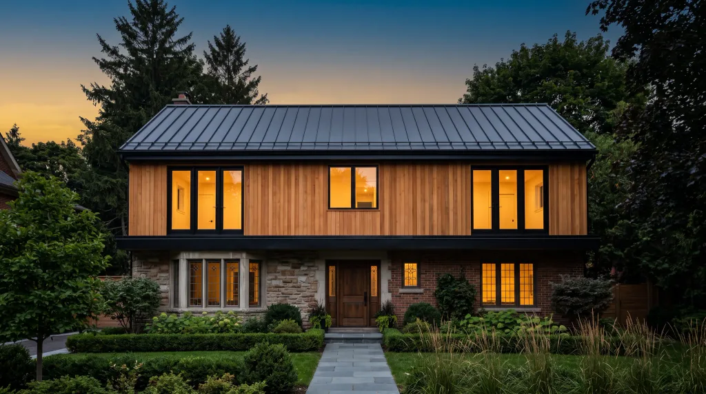 Two-storey home with cedar cladding and a standing-seam metal roof at blue hour