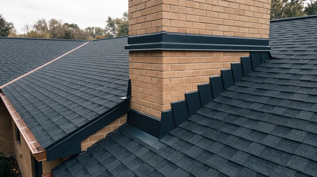Step and counter-flashing fitted around a brick chimney on a shingle roof