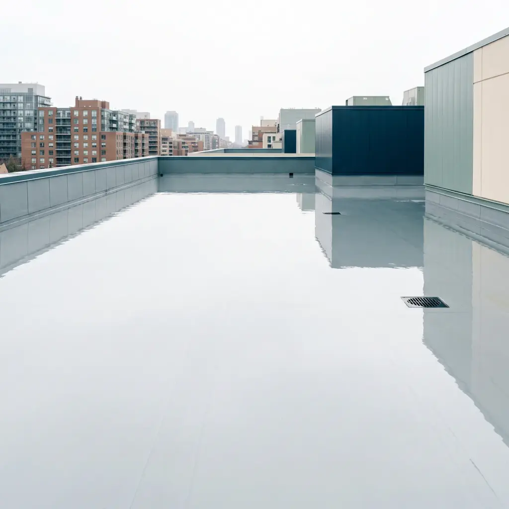 Flat membrane roof holding standing water that mirrors the buildings around it