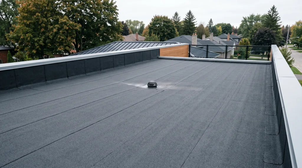 Residential modified-bitumen flat roof with a central drain and a cedar-clad parapet