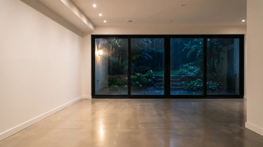 Dry finished lower level looking out to a rain-soaked walkout garden at night