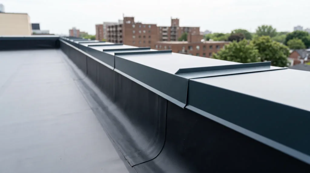 Close view along a membrane roof edge and its metal coping cap