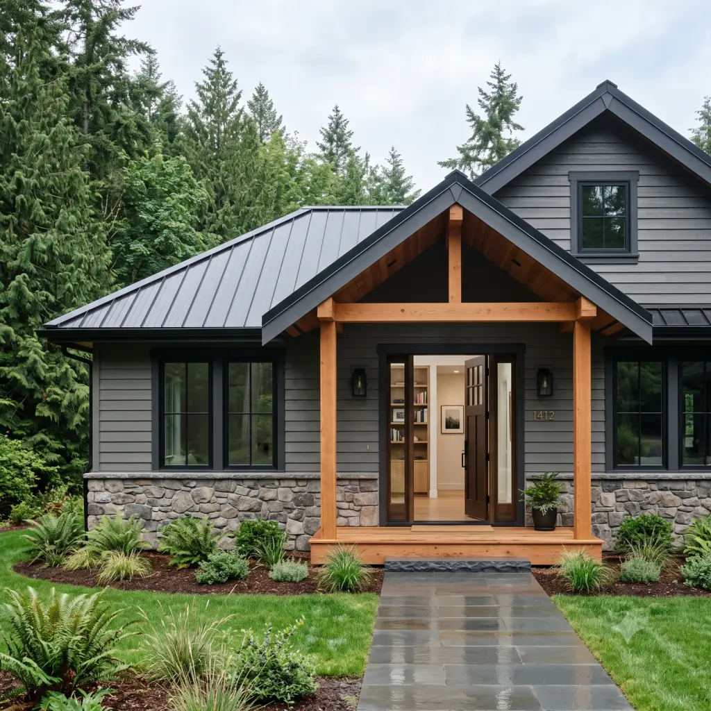 Grey-sided house with a black metal roof, stone foundation and timber porch