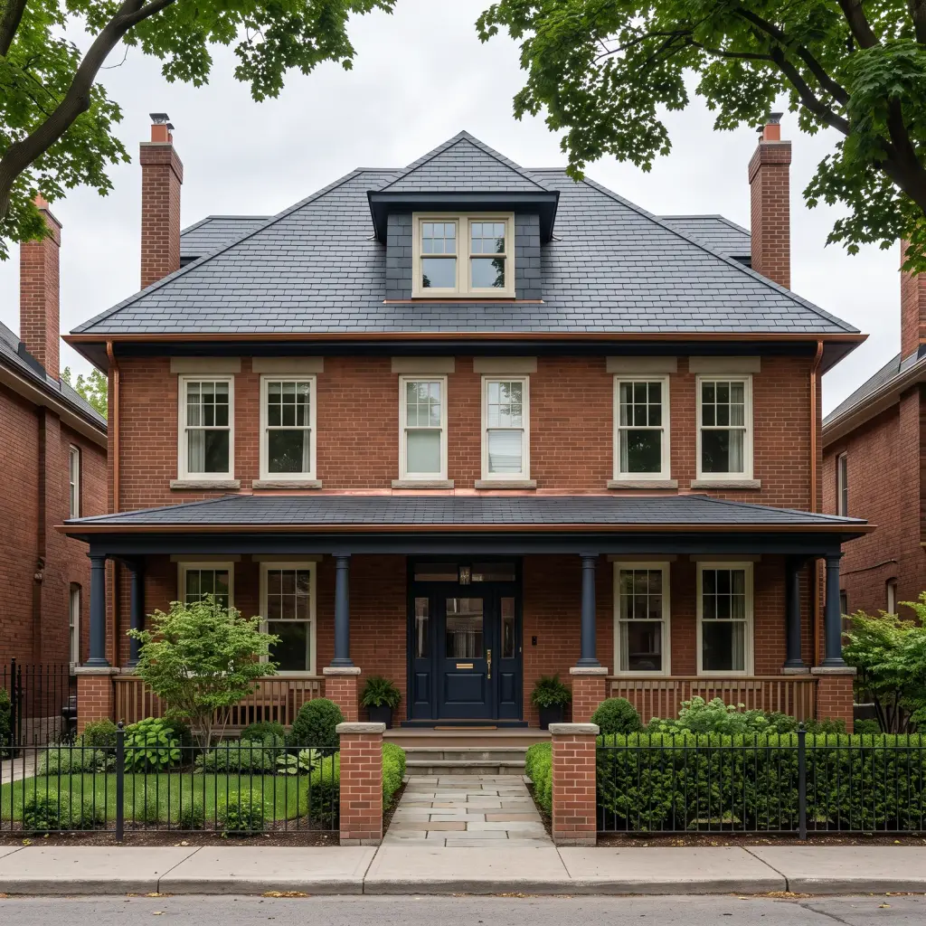 Heritage red-brick home with a slate hip roof and a covered front porch