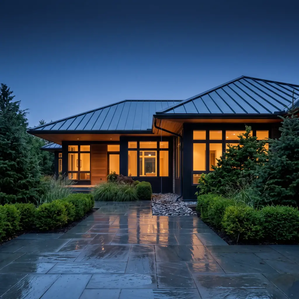 Home with a standing-seam metal roof at blue hour, its walkway still wet from rain
