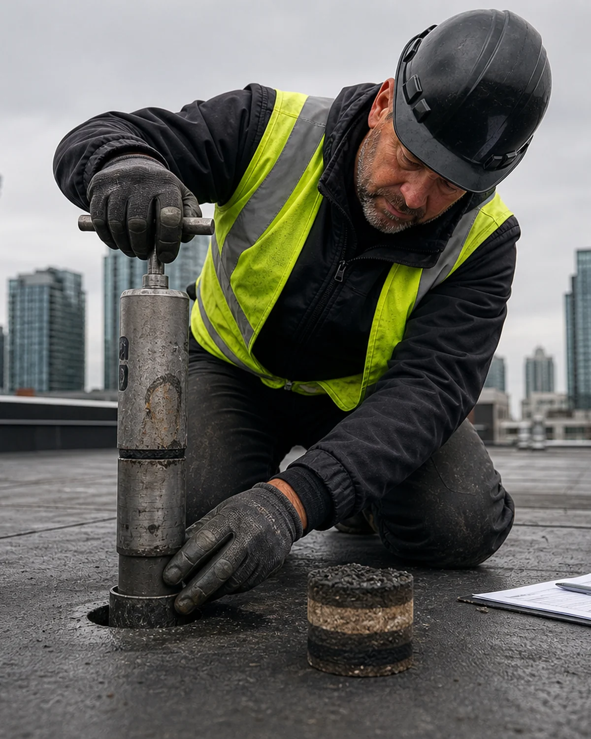 Inspector taking a core sample from a commercial flat roof with Toronto skyline behind