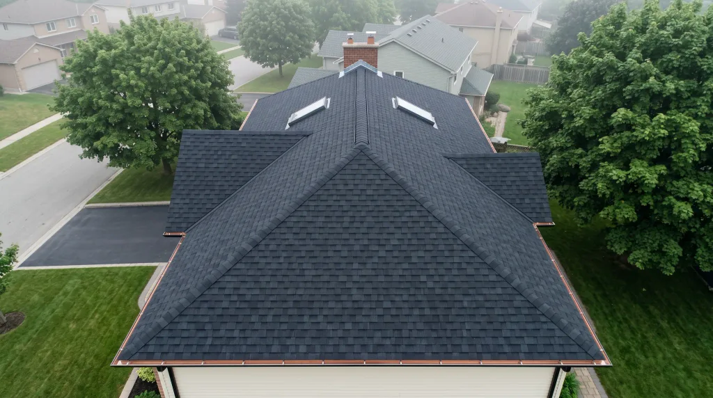 Aerial view of a suburban asphalt-shingle roof documented from above