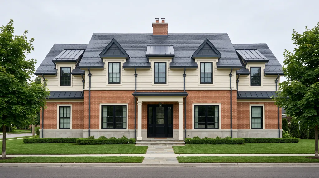 Flat frontal elevation of a brick and clapboard building photographed for a report