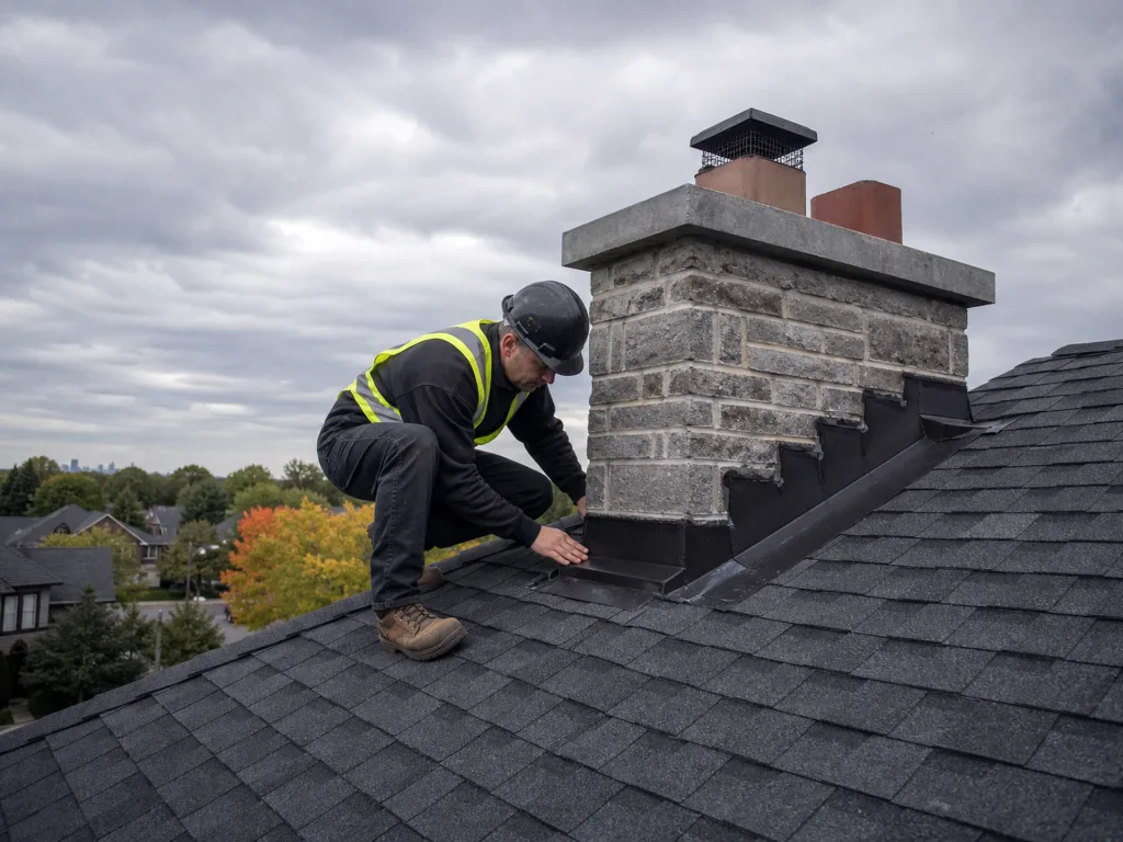 Roofer sealing the base flashing where a stone chimney meets an asphalt-shingle roof