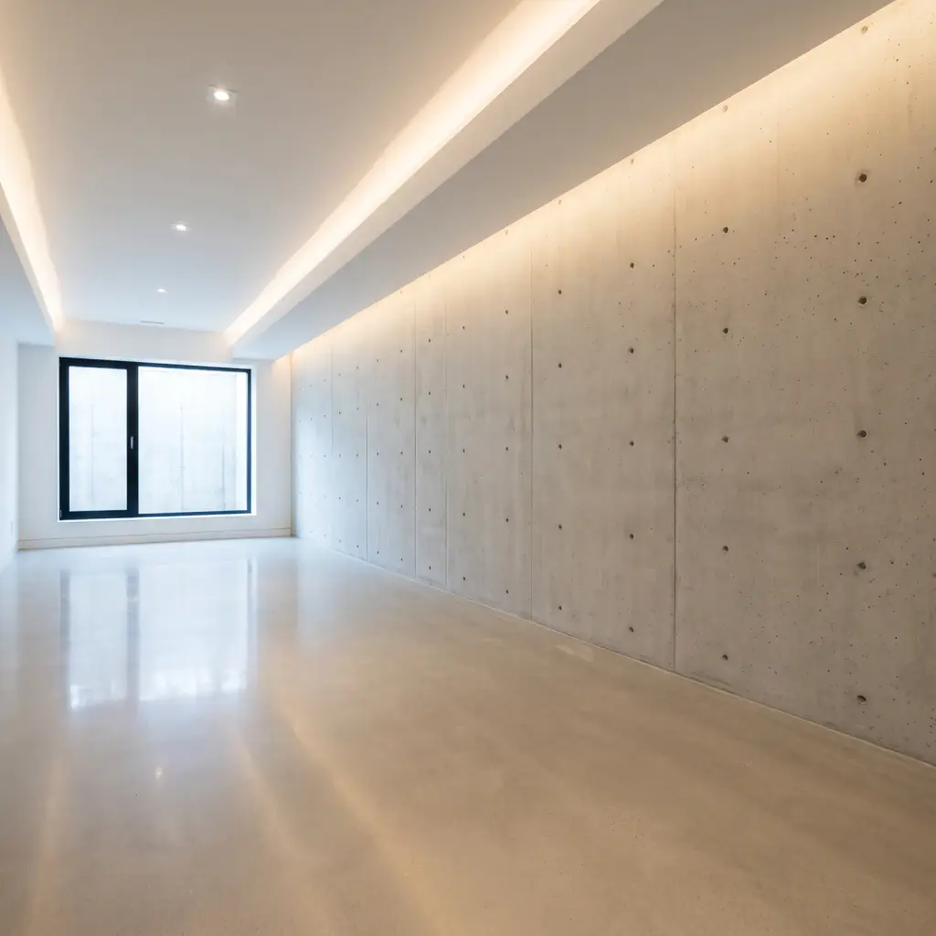 Bright lower level with a dry board-formed concrete wall and a polished floor