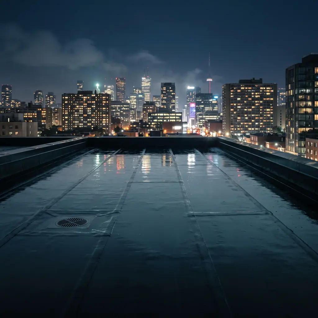 Rain-soaked low-rise membrane roof at night with the city skyline behind