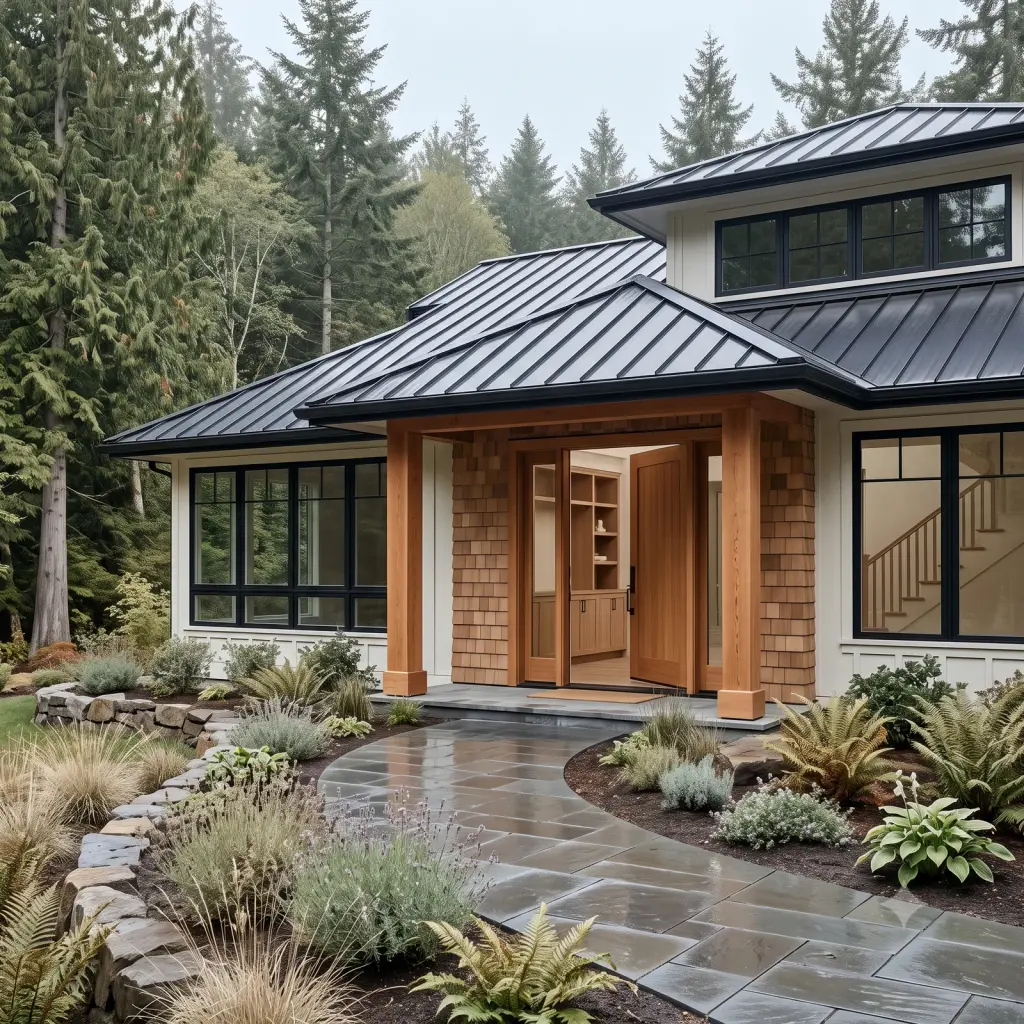 Two-storey home with a dark standing-seam metal roof and cedar-shingle entry