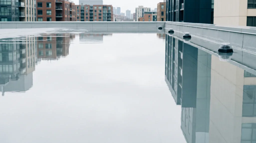 Standing water pooled on a flat roof, reflecting the buildings above it