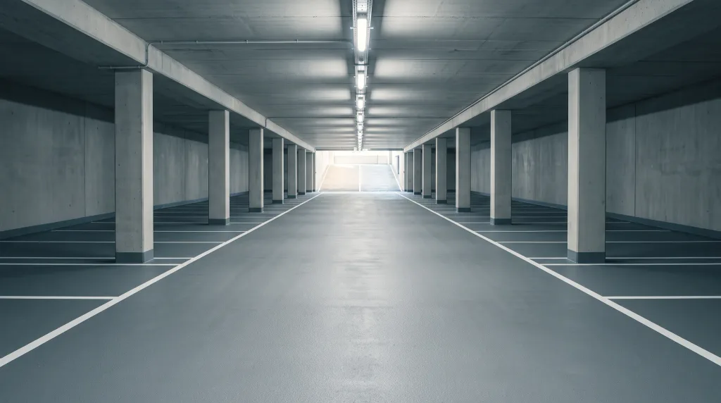 Freshly coated underground parking deck with new line striping between the columns