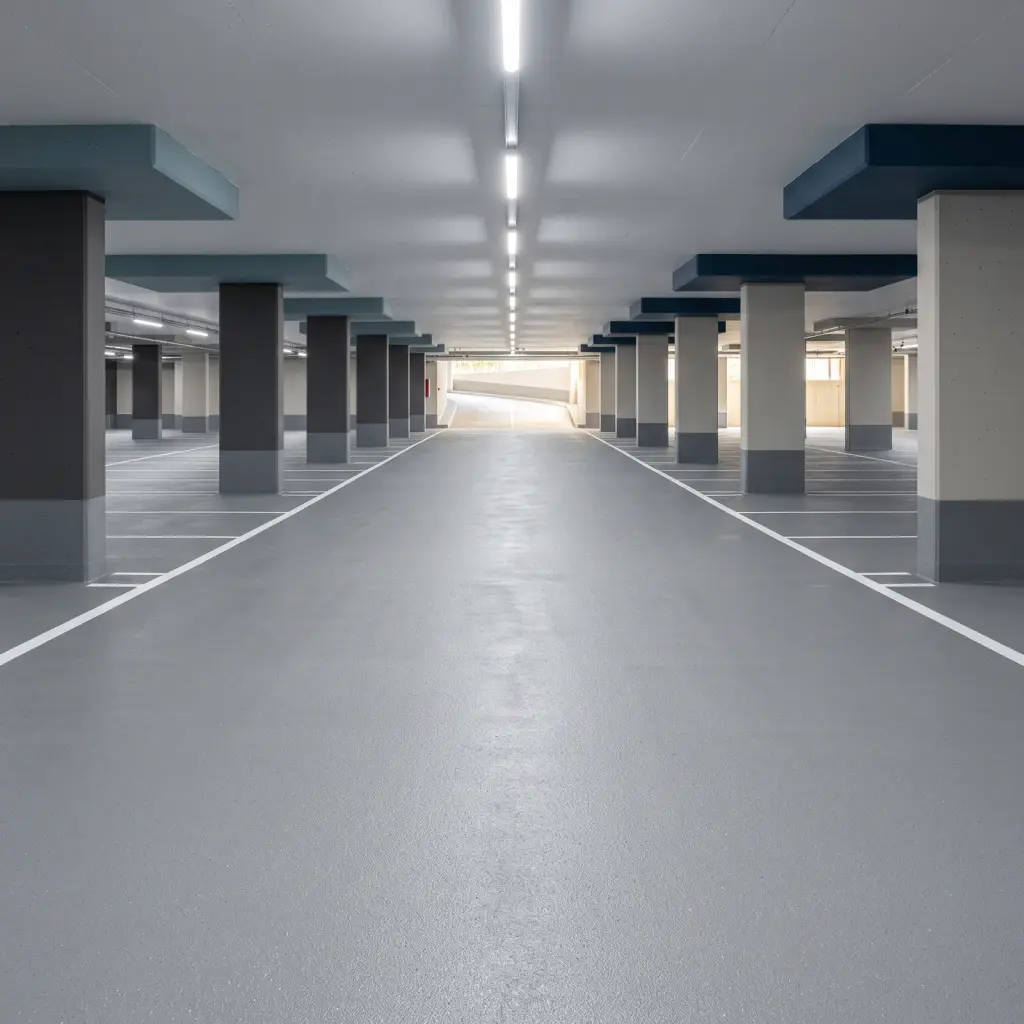 Coated underground parking deck with fresh line striping between the columns