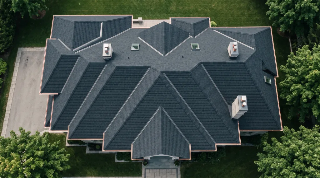 Overhead view of a grey shingle roof showing its hips, vents and skylights