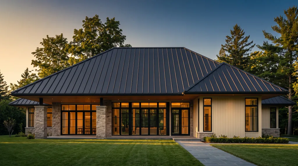 Single-storey home under a dark standing-seam metal hip roof at golden hour