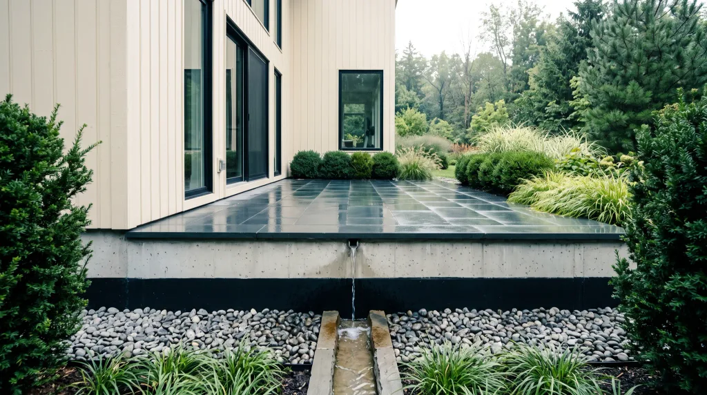 Bluestone terrace on a waterproofed concrete curb draining through a scupper