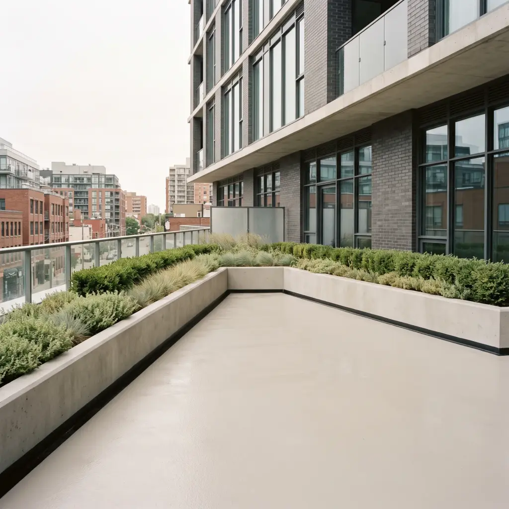 Podium terrace with a coated deck and concrete planters above the street