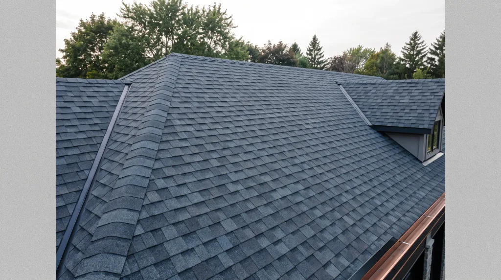 Newly laid architectural asphalt shingles running across a hip and valley