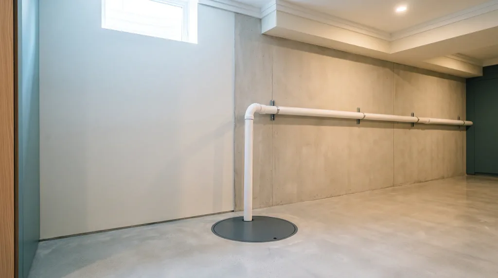 Sealed sump pit and discharge line running along a finished basement wall