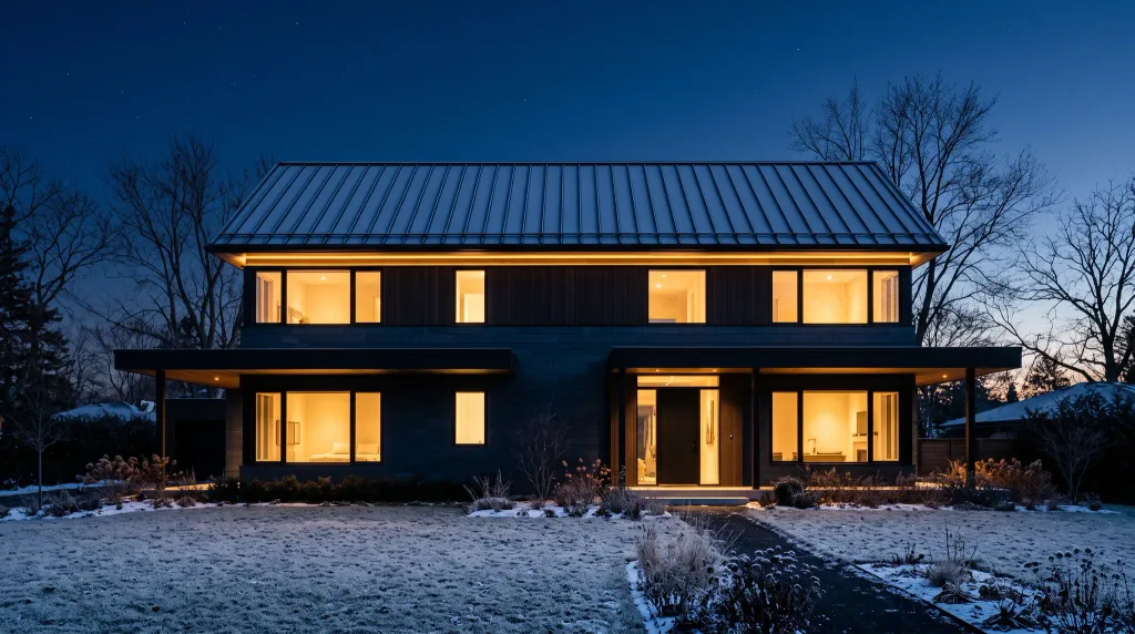 Modern home at night in winter with warmly lit windows