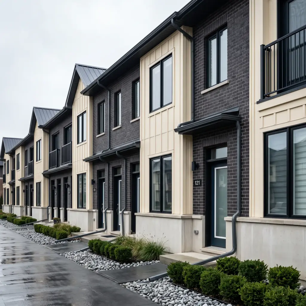 Row of townhomes with a rock drainage strip along the foundation on a wet day