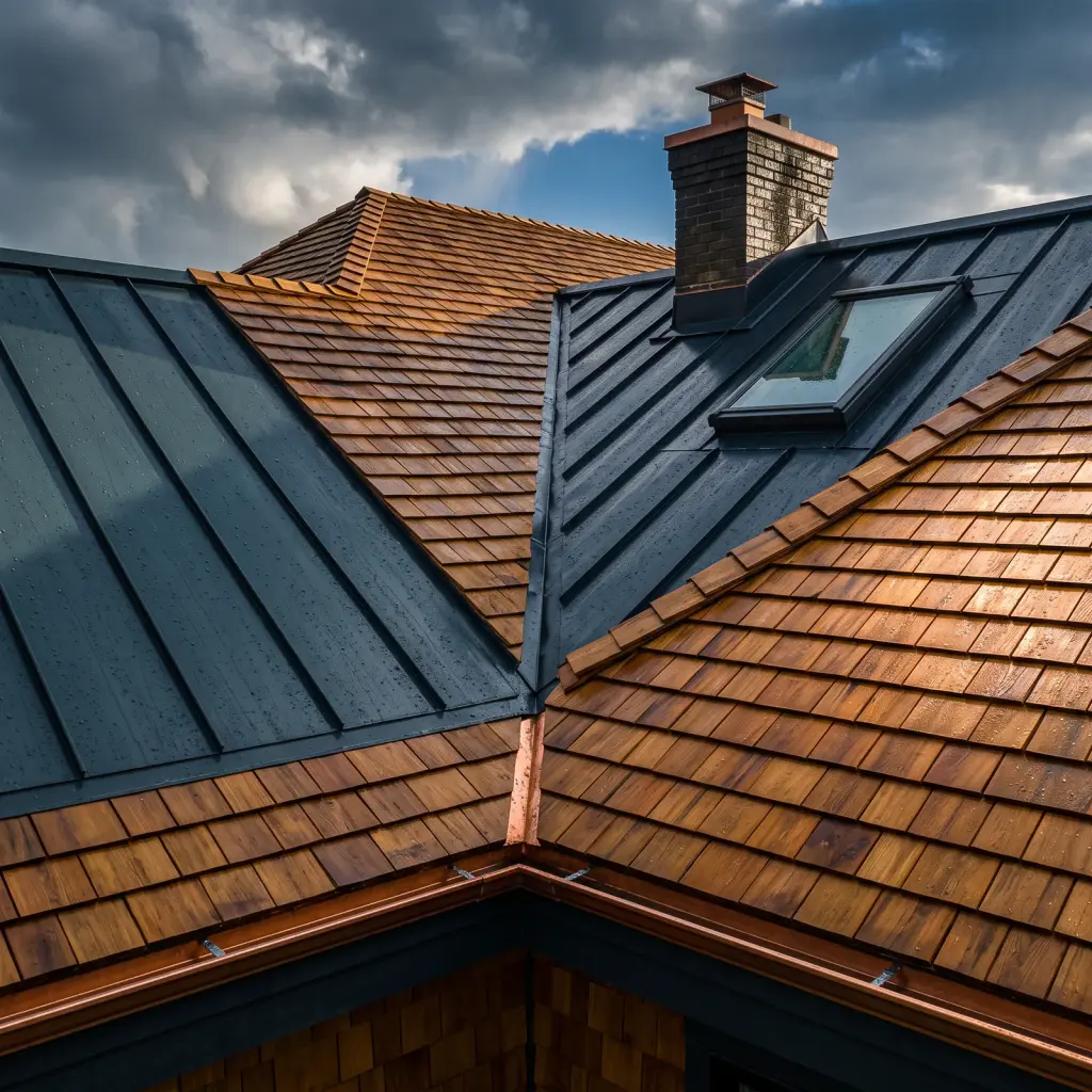 Cedar shake and standing-seam metal roof under a breaking storm sky